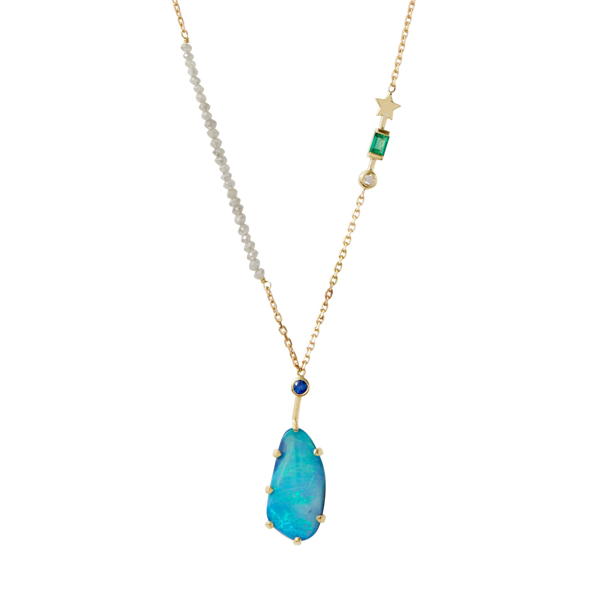 Opal "Fairydusted" Necklace by Unhada -18k yellow gold necklace with opal, white diamonds (0.03cts), emerald, freshwater pearls, and sapphire (0.31cts). Due to the one-of-a-kind nature of opals, the opal may vary in appearance.