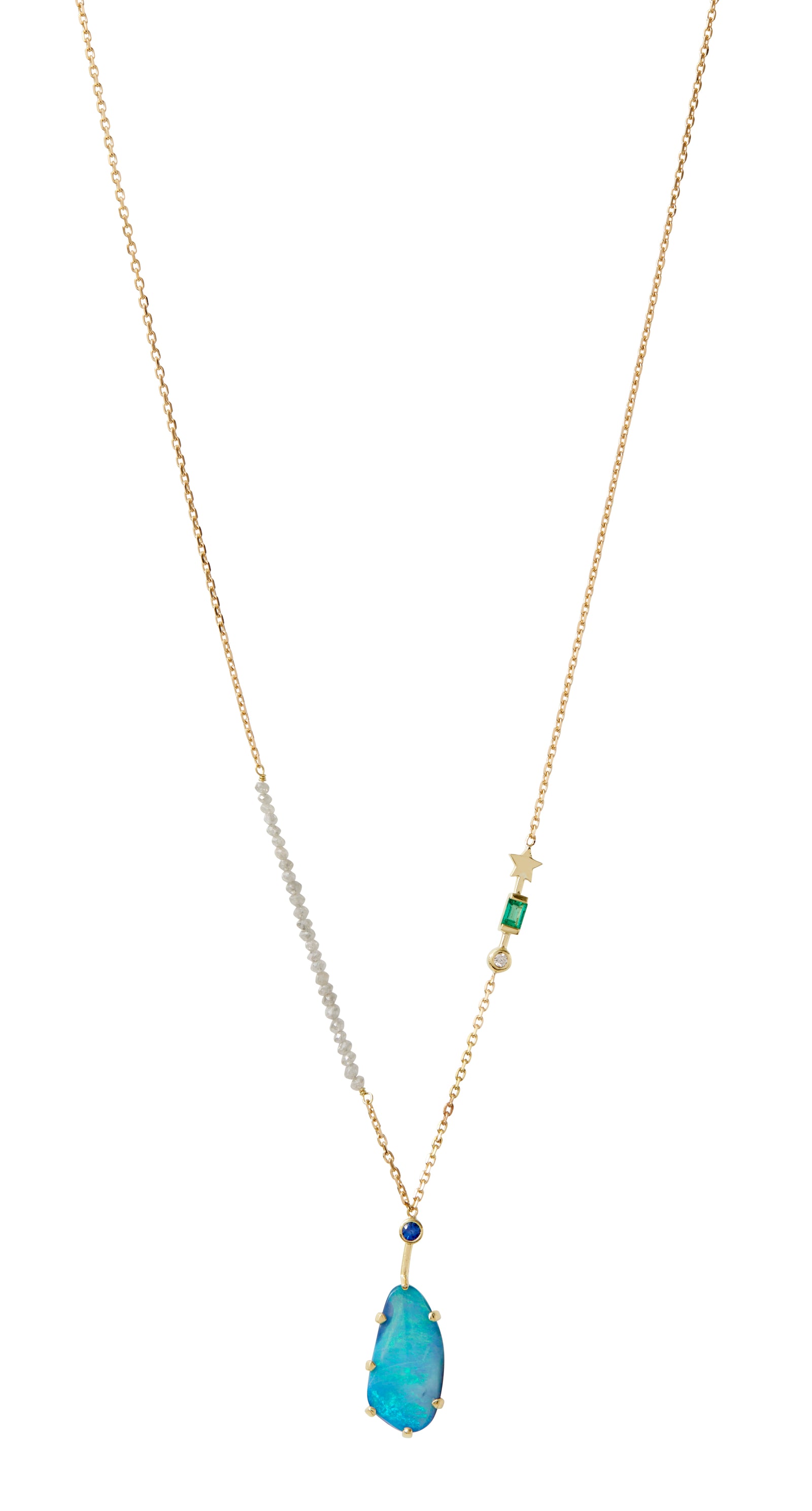 Opal "Fairydusted" Necklace by Unhada -18k yellow gold necklace with opal, white diamonds (0.03cts), emerald, freshwater pearls, and sapphire (0.31cts). Due to the one-of-a-kind nature of opals, the opal may vary in appearance.