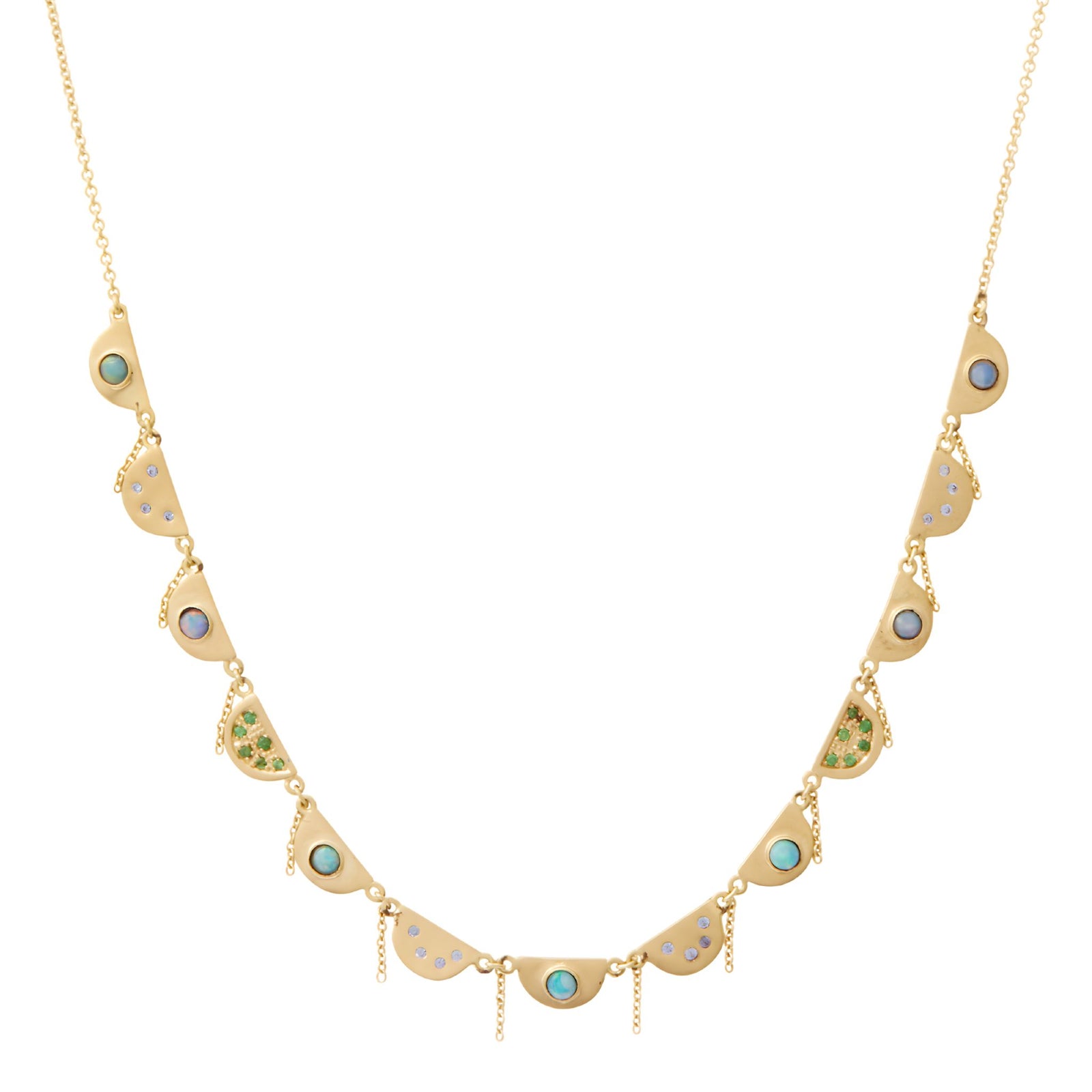 Tsavorite Chantal Necklace by Unhada available at Talisman Collection Fine Jewelers in El Dorado Hills, CA and online.The Chantal necklace brings a touch of je ne sais quoi to your daily ensemble. The intricate scalloped design exudes elegance and grace; it's gorgeous on its own, and even more stunning when combined with other necklaces! This 18k gold piece features dazzling Tsavorite (.09 cts), opals, and sapphires (.10 cts). 