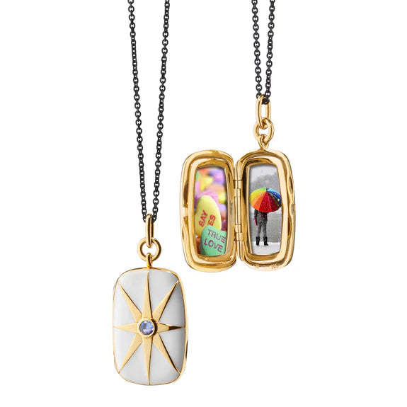 White Enamel Rectangular Locket with Blue Sapphire by Monica Rich Kosann