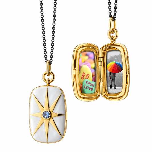 White Enamel Rectangular Locket with Blue Sapphire by Monica Rich Kosann