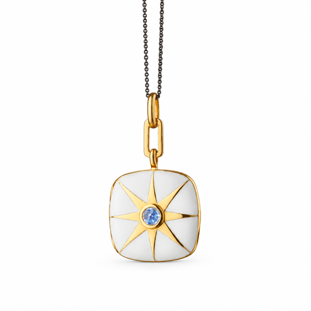 White Enamel Vermeil Cushion Locket with Blue Sapphire by Monica Rich Kosann