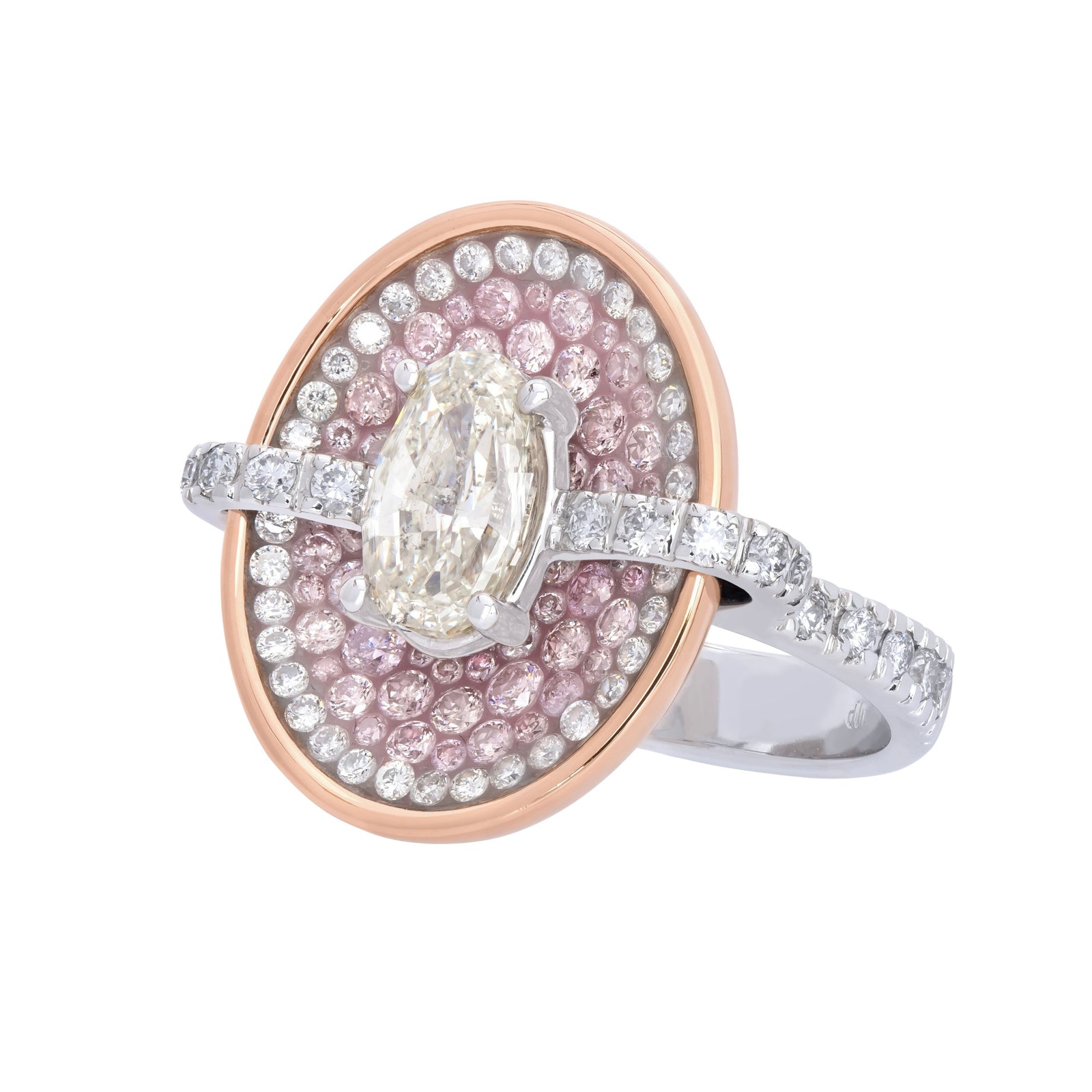 Pink & White Diamond Oval Opus Ring in 18k available at Talisman Collection Fine Jewelers in El Dorado Hills, CA and online. Specs: The Pink & White Diamond Oval Opus Ring features a stunning mosaic of white and natural pink diamonds, with an oval-cut diamond taking center stage. Exceptionally crafted in 18k rose and white gold, and a total diamond weight of 2.75 cts, this ring is nothing short of dazzling! How can you resist?