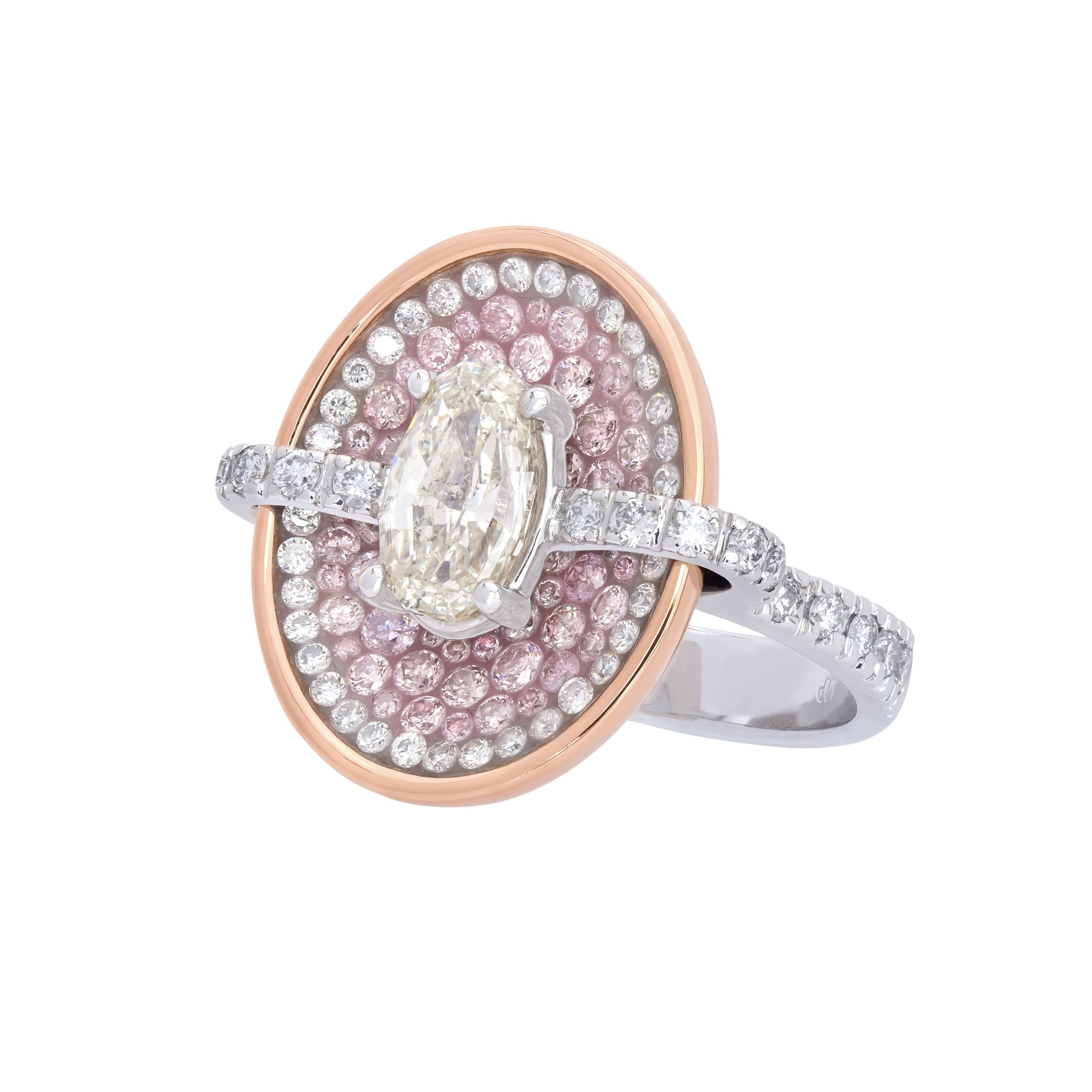 Pink & White Diamond Oval Opus Ring in 18k available at Talisman Collection Fine Jewelers in El Dorado Hills, CA and online. Specs: The Pink & White Diamond Oval Opus Ring features a stunning mosaic of white and natural pink diamonds, with an oval-cut diamond taking center stage. Exceptionally crafted in 18k rose and white gold, and a total diamond weight of 2.75 cts, this ring is nothing short of dazzling! How can you resist?