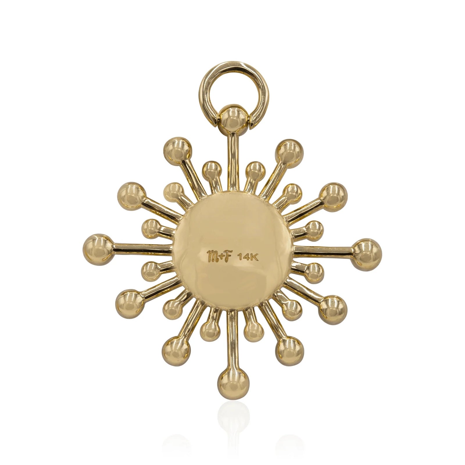 Aurora Moonstone Pendant by Mined + Found available at Talisman Collection Fine Jewelers in El Dorado Hills, CA and online.  Aurora pendant, with its gleaming moonstone center and sparkling  0.27 cts of diamond rays, offers to remind us of the vibrant opportunities a new day can bring. The 14k gold enhancer bail allows the pendant to be linked directly to large links, worn over your favorite chain - or remove it entirely and wear on your favorite hoop earring! Pendant only, no chain. 