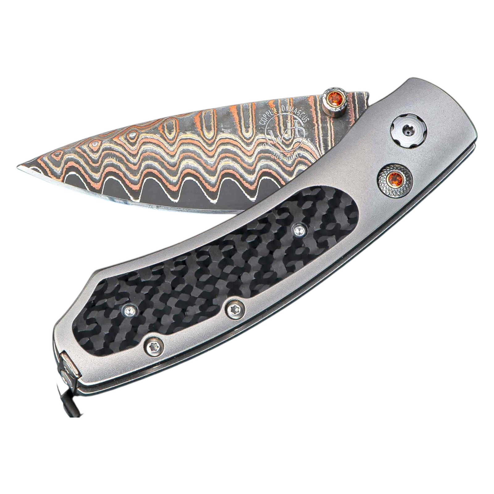 Copper Damascus 'Fervor' Pocket Knife by William Henry available at Talisman Collection Fine Jewelers in El Dorado Hills, CA and online. 