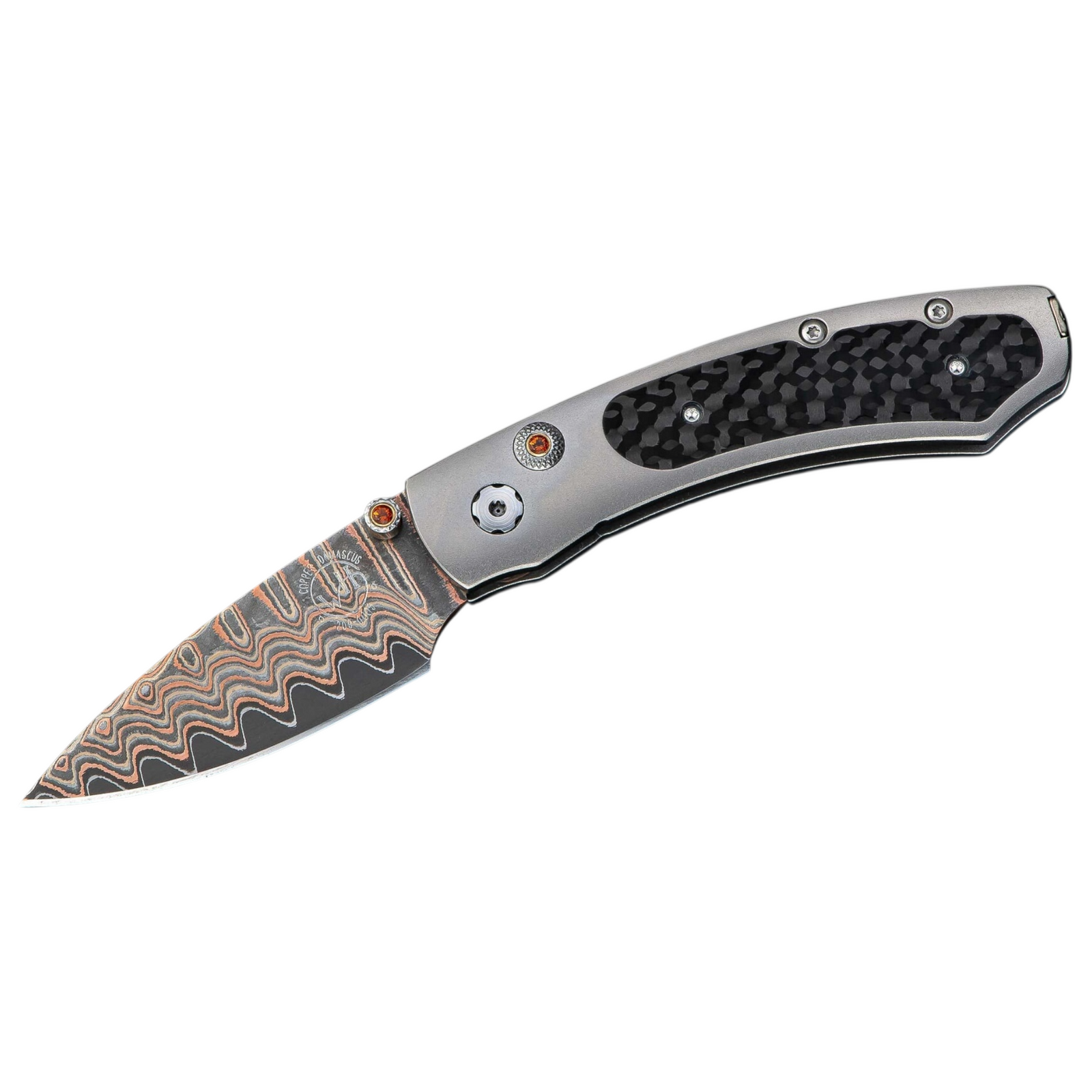 Copper Damascus 'Fervor' Pocket Knife by William Henry available at Talisman Collection Fine Jewelers in El Dorado Hills, CA and online. 