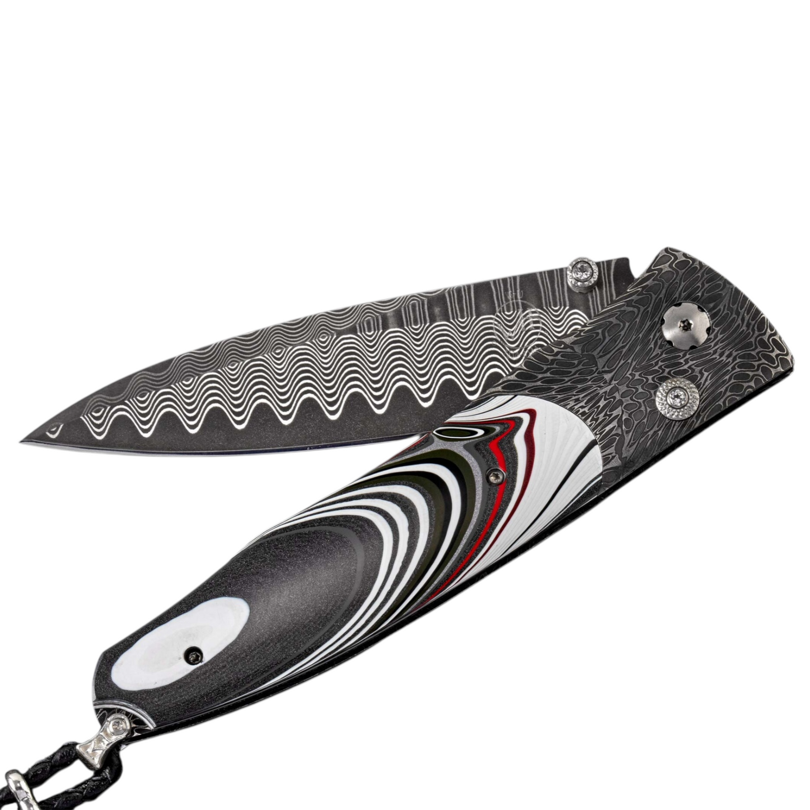 Flathead Fordite Damascus Pockert Knife by William Henry available at Talisman Collection Fine Jewelers in El Dorado Hills, CA and online