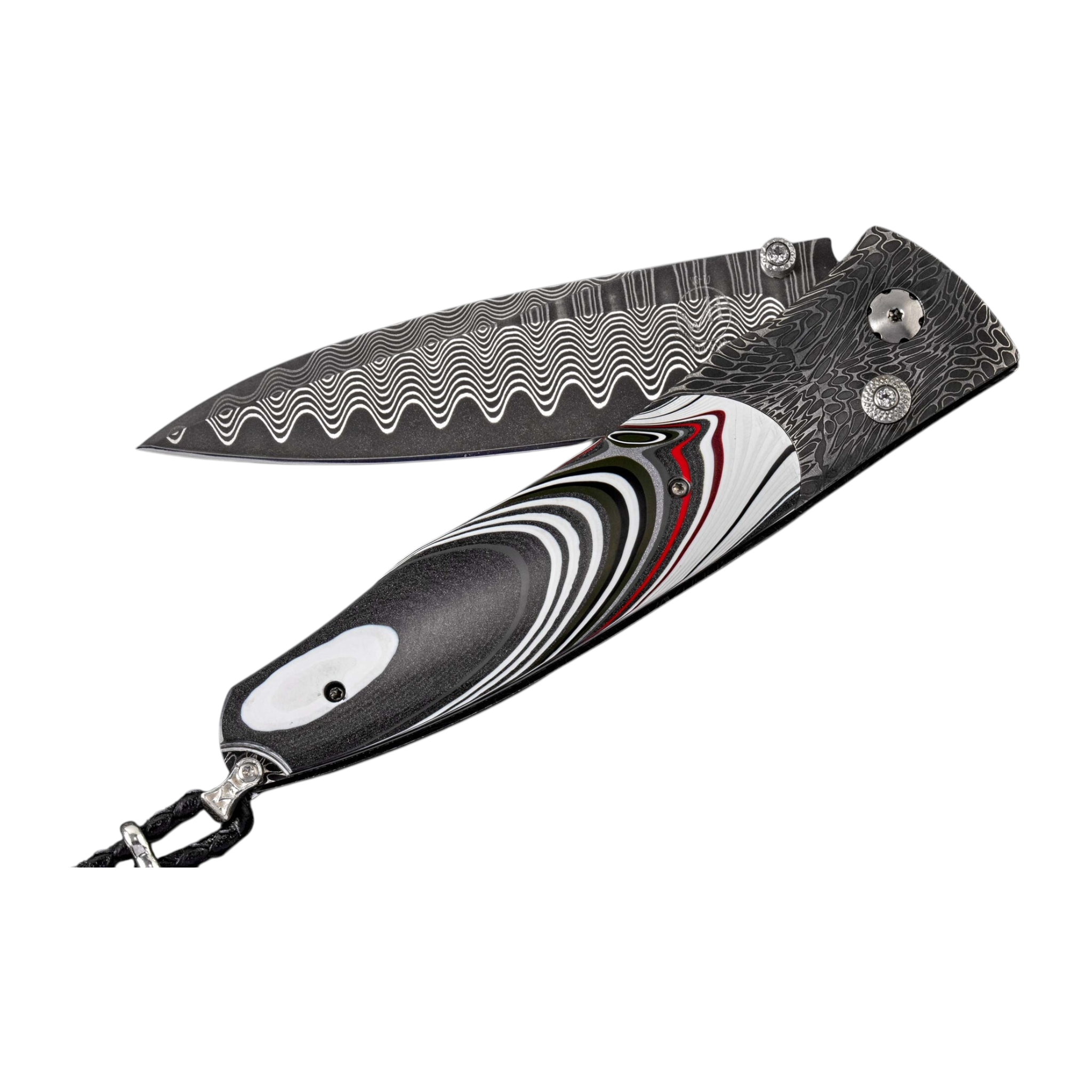 Flathead Fordite Damascus Pockert Knife by William Henry available at Talisman Collection Fine Jewelers in El Dorado Hills, CA and online.