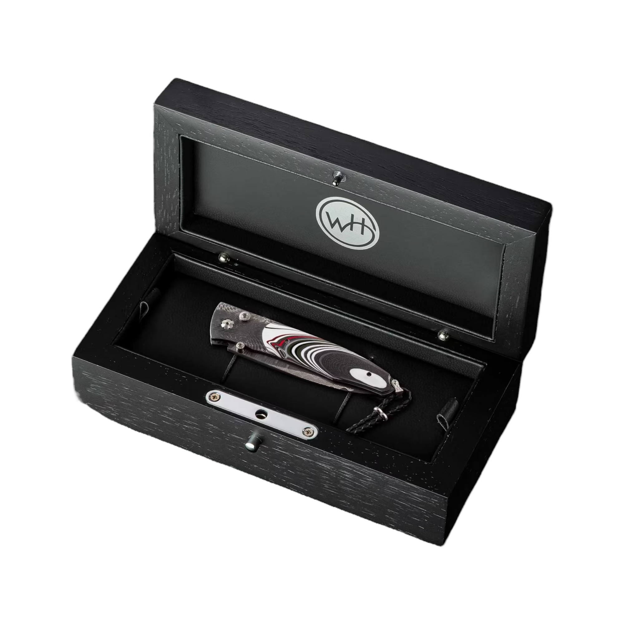 Flathead Fordite Damascus Pockert Knife by William Henry available at Talisman Collection Fine Jewelers in El Dorado Hills, CA and online