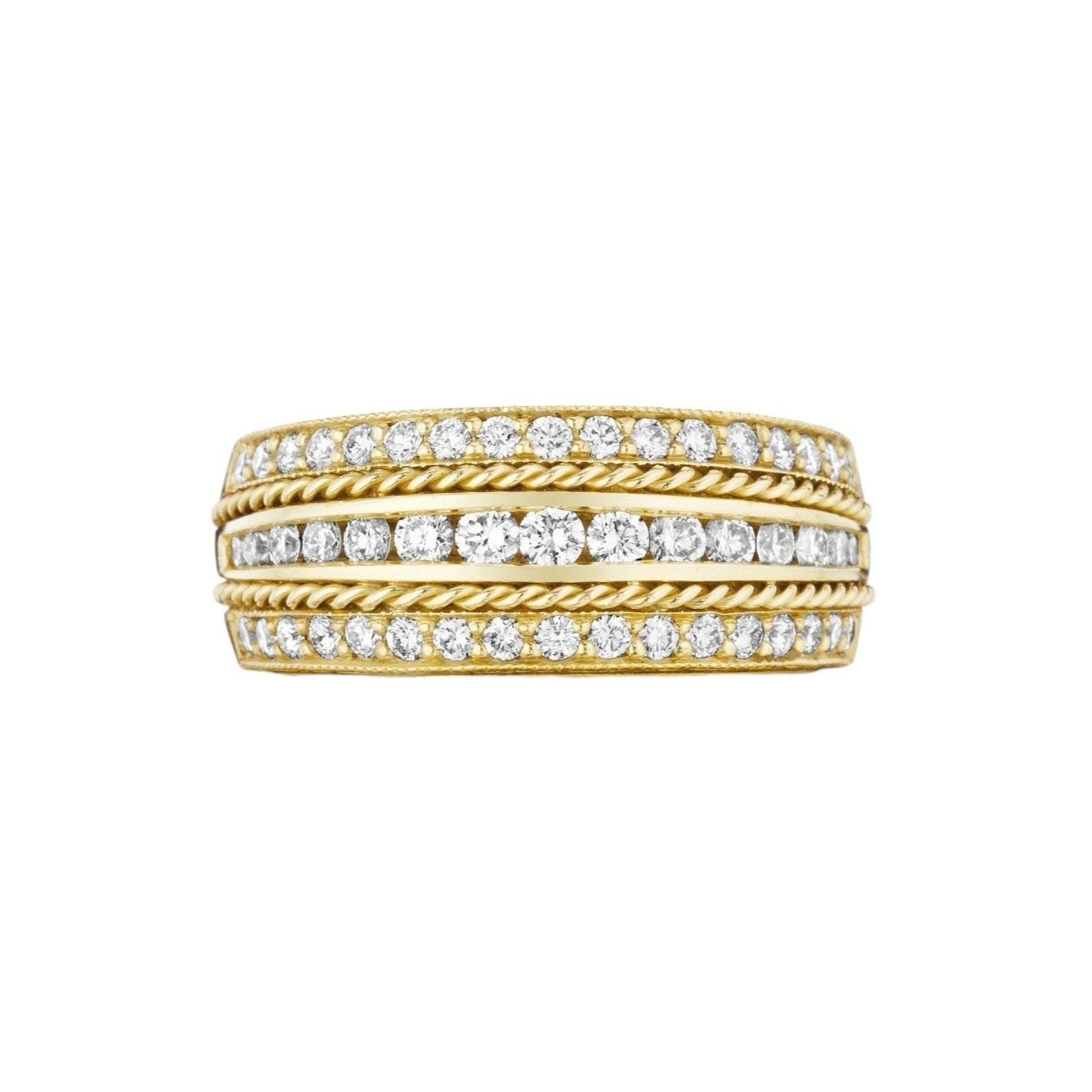 Channel Set Diamond Band by Penny Preville available at Talisman Collection Fine Jewelers in El Dorado Hills, CA and online. The Channel Set Diamond Band with twisted 18k yellow gold rails creates the illusion of multiple stacked rings
