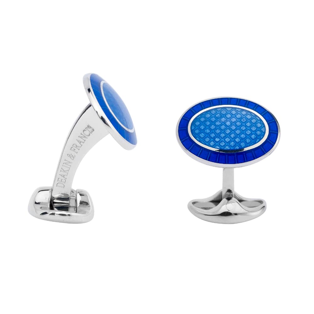 Sterling Silver Royal Blue & Sky Blue Enamel Cufflinks by Deakin & Francis available at Talisman Collection Fine Jewelers in El Dorado Hills, CA and online.The art of vitreous enameling dates back to the Pharaohs, it's a highly specialized, hand skill, and Deakin &amp; Francis are masters! These Sterling Silver oval cufflinks have been beautifully hand-enameled in a stunning sky blue with royal blue border and feature engravable backs. Perfect for those blue days!