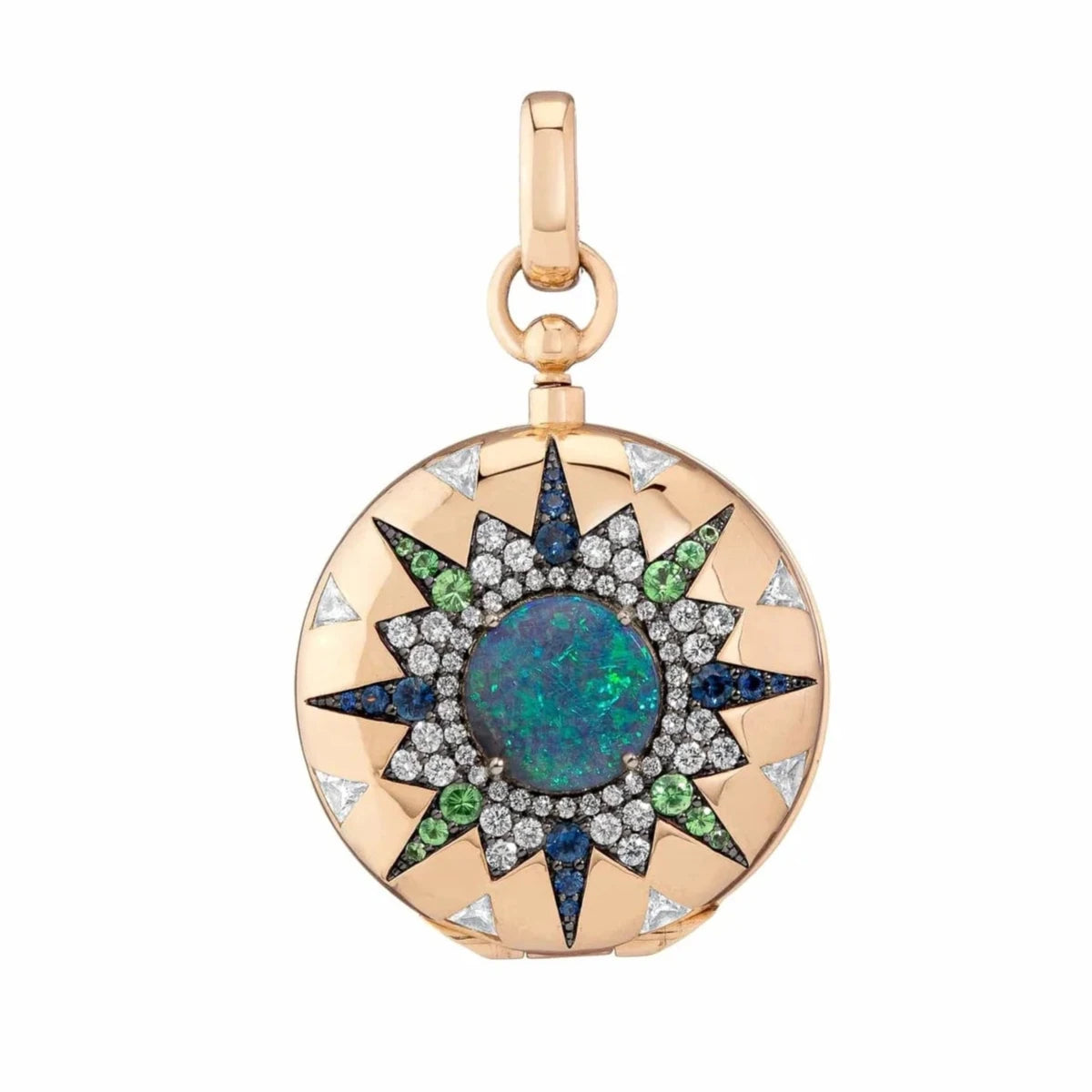 Direction Major Australian Opal Locket by Mined + Found available at Talisman Collection Fine Jewelers in El Dorado Hills, CA and online. Direction Major is decorated with an antique compass rose inspired motif centering a 1.50ct Lightning Ridge Australian black opal, .41 cts of blue sapphire and tsavorite garnet, and 1.27 cts of diamond trillions. The enhancer bail opens at back to allow Direction to adorn large link, pendant, and beaded chains alike and is finished with a safety clasp. Pendant only, no ch