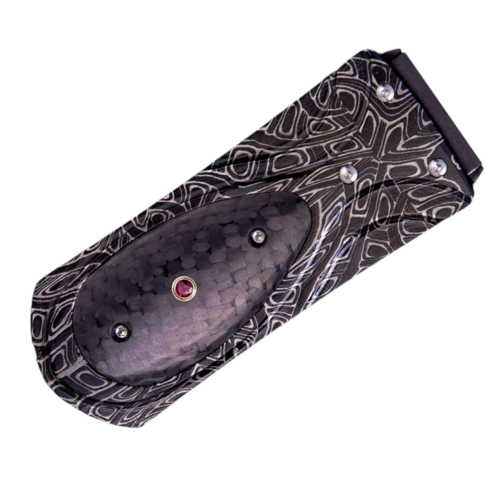 Crbn Fbr/Garnet Zurich 'Raven' Damascus Money Clip by William Henry available at Talisman Collection Fine Jewelers in El Dorado Hills, CA and online