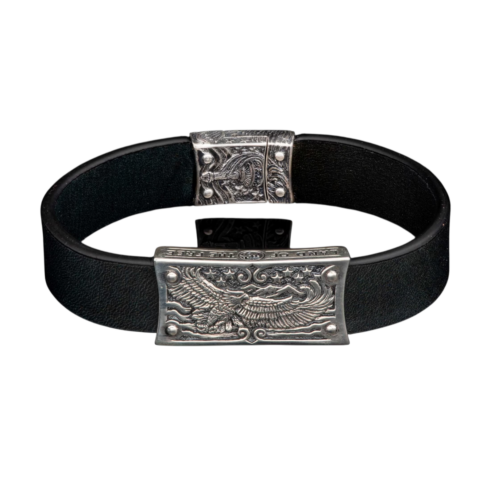Sterling Silver Black Leather 'Home Of The Brave' Brace Sz Lrg by William Henry available at Talisman Collection Fine Jewelers in El Dorado Hills, CA and online