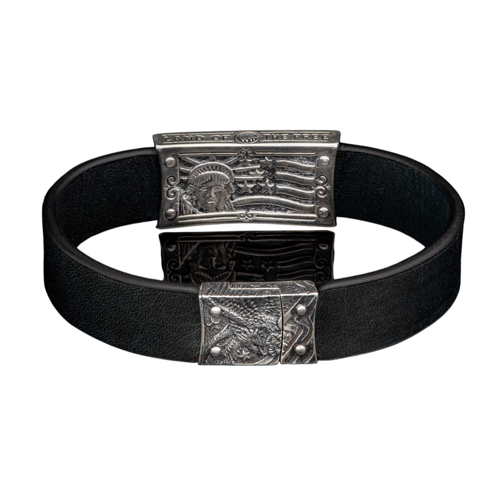Sterling Silver Black Leather 'Home Of The Brave' Brace Sz Lrg by William Henry available at Talisman Collection Fine Jewelers in El Dorado Hills, CA and online