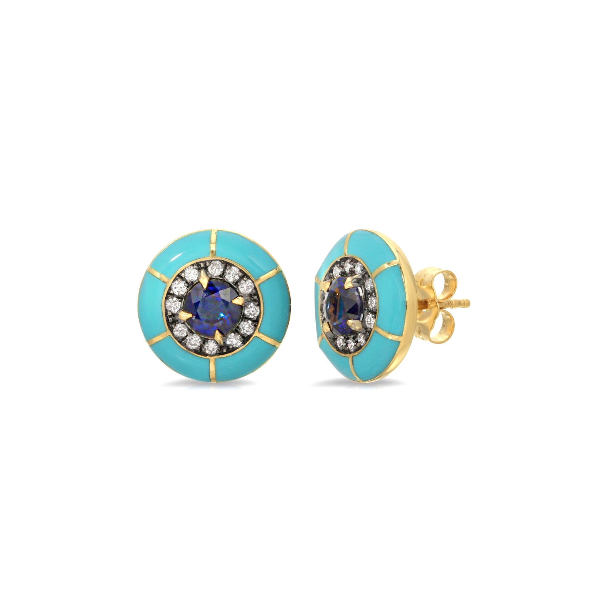 Sapphire & Enamel Stud Earrings by Lord Jewelry available at Talisman Collection Fine Jewelers in El Dorado Hills, CA and online. For a classic look, these Sapphire and Enamel Stud Earrings are an absolute must-have. The 18k earrings feature 1.16 cts of round faceted sapphires surrounded by 0.20 cts of diamond accents and aqua blue enamel for a preppy and ladylike touch. Their bright and preppy aesthetic will add just the right touch of cheerfulness to your look.