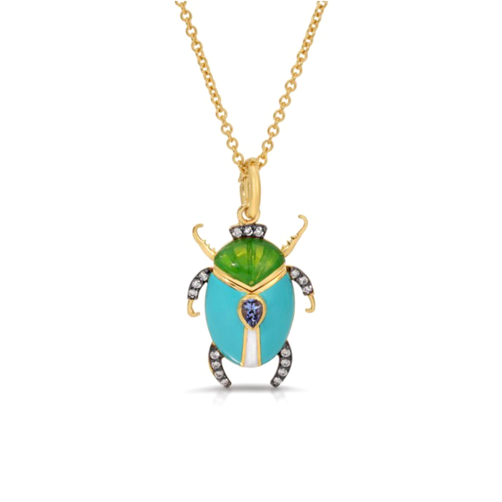 Sapphire Enamel Beetle Necklace by Lord Jewelry available at Talisman Collection Fine Jewelers in El Dorado Hills, CA and online. If you're looking for a darling piece that exudes timelessness, look no further than this Sapphire Enamel Beetle Pendant Necklace. Crafted in 18k yellow gold, the charm features a beautiful enamel scarab, accented with a 0.19 cts cabochon pear sapphire and 0.14 cts of diamonds. Wear this pendant as a reminder of the protection that the beetle symbolizes.
