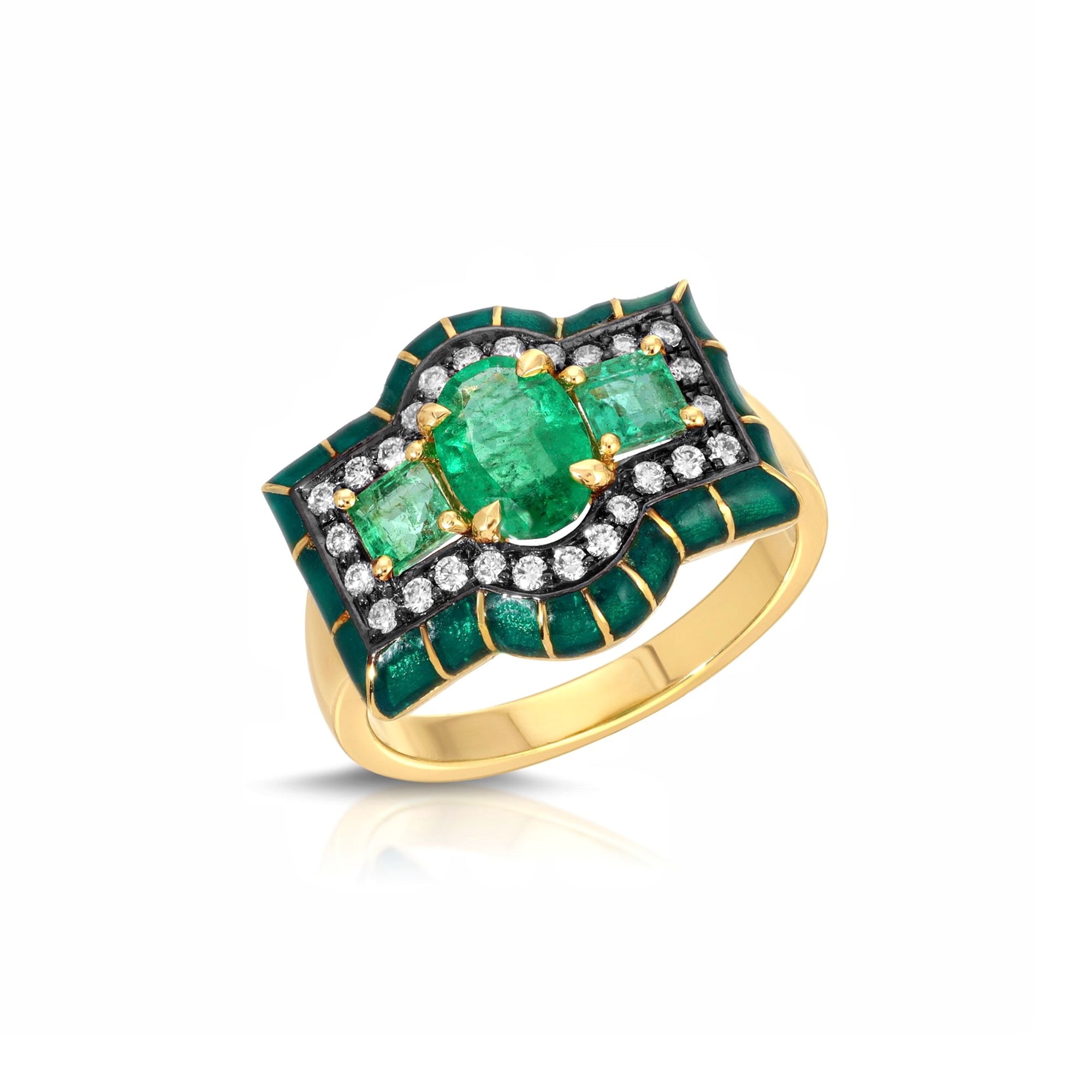 Triple Emerald Ring by Lord Jewelry available at Talisman Collection Fine Jewelers in El Dorado Hills, CA and online. Green is the color of envy for a reason… This gorgeous 18-karat gold cocktail ring features a central oval-cut emerald flanked by two princess-cut emeralds, and is surrounded by 0.20 carats of diamonds and deep green enamel. Don't wait for a special occasion to wear this ring!