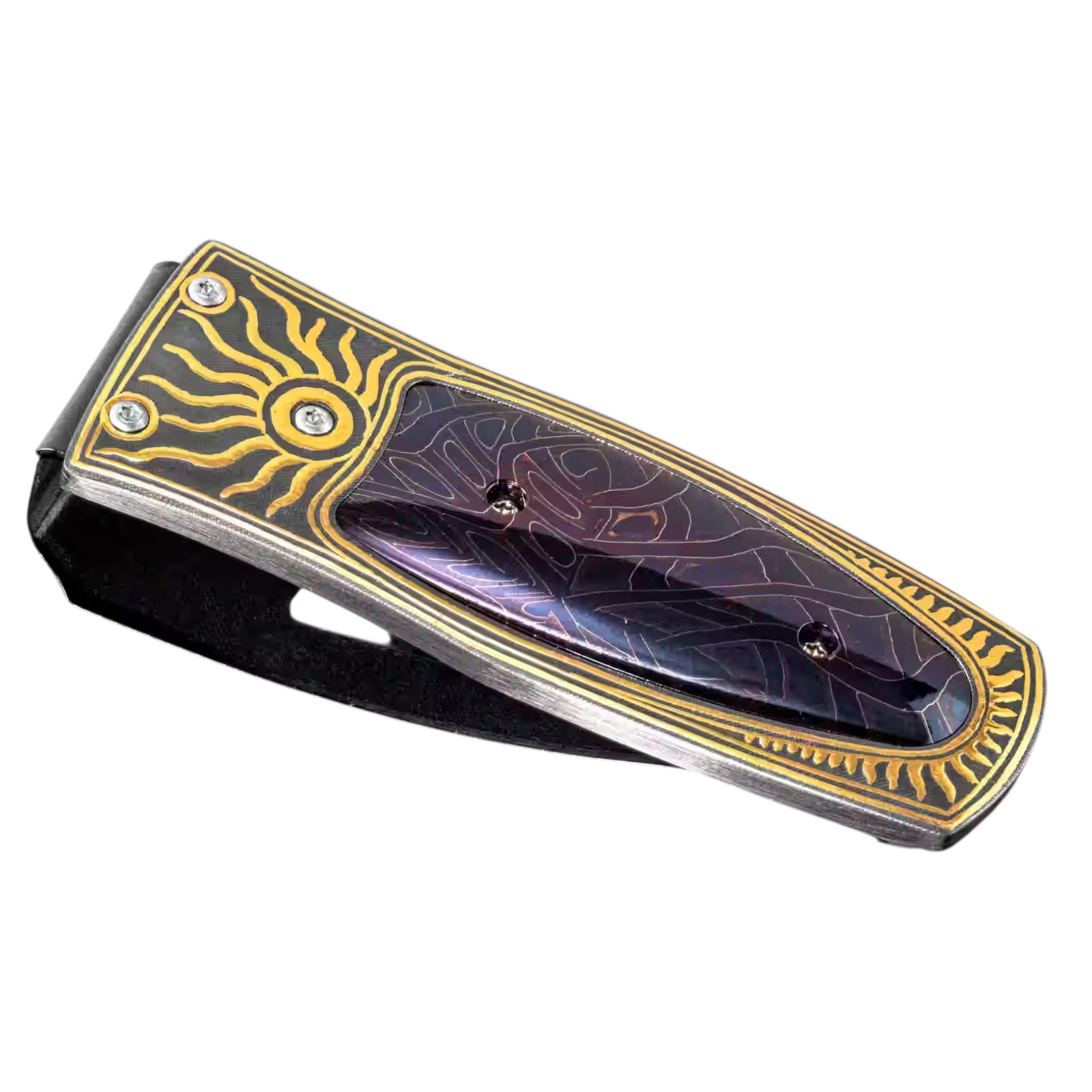 Stainless Steel The Pharaoh 'Blue Sky' 24k Inlay Damascus Money Clip by William Henry available at Talisman Collection Fine Jewelers in El Dorado Hills, CA and online