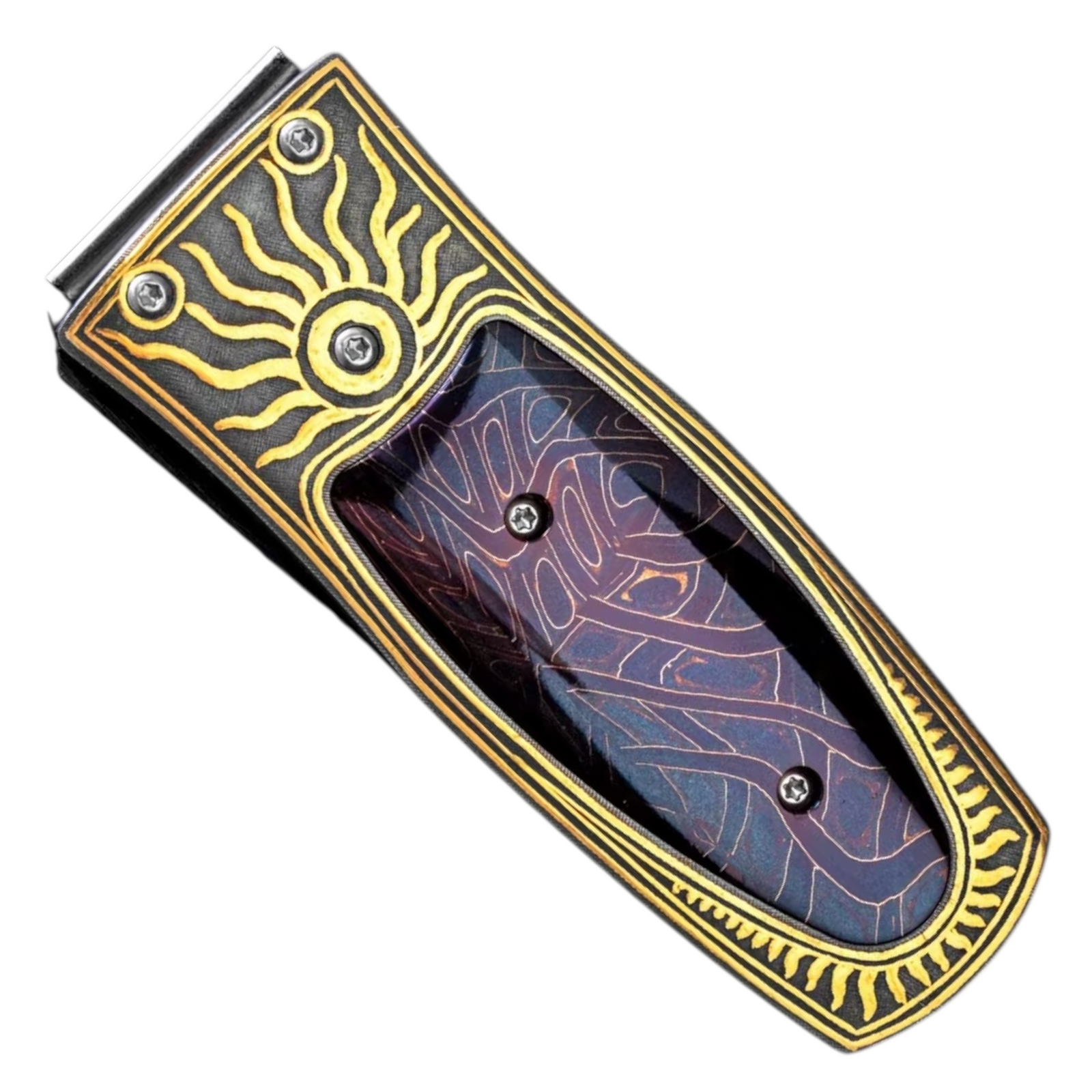 Stainless Steel The Pharaoh 'Blue Sky' 24k Inlay Damascus Money Clip by William Henry available at Talisman Collection Fine Jewelers in El Dorado Hills, CA and online