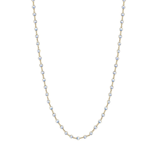 Long Moonstone Chain by Penny Preville available at Talisman Collection Fine Jewelers in El Dorado Hills, CA and online. 24 carats of pure magic! A remarkable 24 cts of luminous round moonstones, set in luxurious 18k gold bezels adorn this 34" chain necklace. 