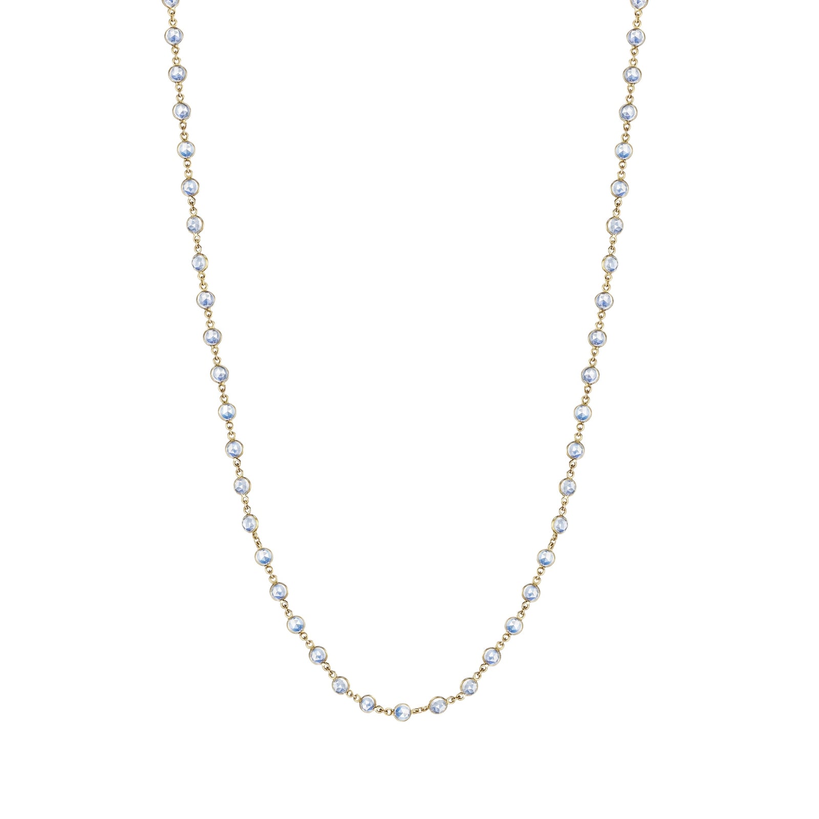 Long Moonstone Chain by Penny Preville available at Talisman Collection Fine Jewelers in El Dorado Hills, CA and online. 24 carats of pure magic! A remarkable 24 cts of luminous round moonstones, set in luxurious 18k gold bezels adorn this 34" chain necklace. 