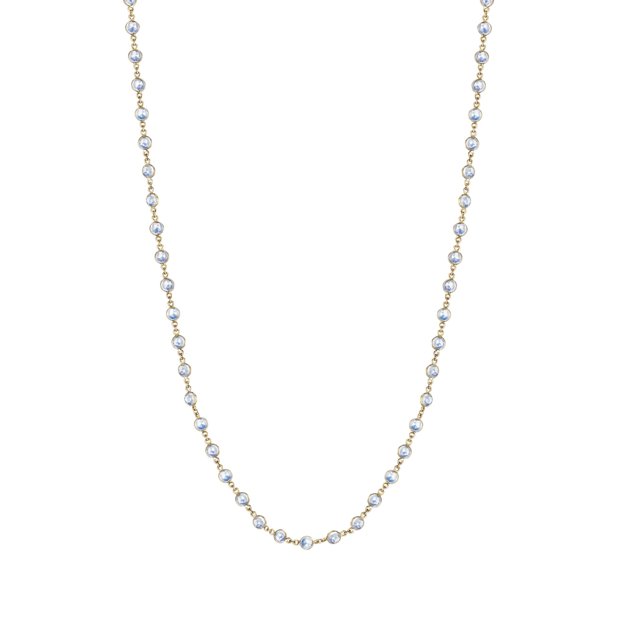 Long Moonstone Chain by Penny Preville available at Talisman Collection Fine Jewelers in El Dorado Hills, CA and online. 24 carats of pure magic! A remarkable 24 cts of luminous round moonstones, set in luxurious 18k gold bezels adorn this 34" chain necklace. 