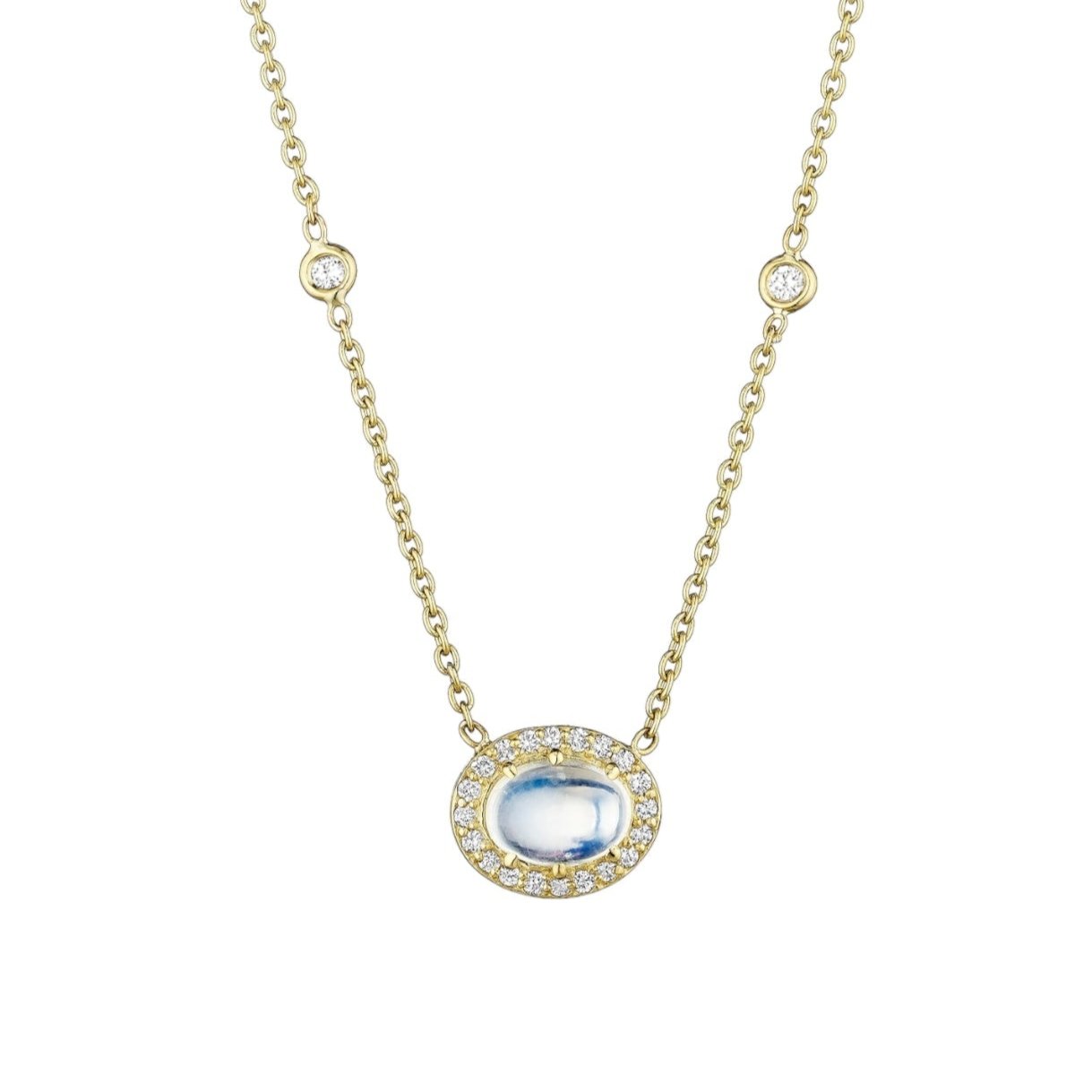 Oval Moonstone Necklace by Penny Preville available at Talisman Collection Fine Jewelers in El Dorado Hills, CA and online. If "quiet luxury" is the look you are coveting, look no further! This demure necklace showcases a luminescent oval moonstone surrounded by a halo of white diamonds. The 18k yellow gold chain is accented with bezel set diamond stations. Understated enough for every day. 