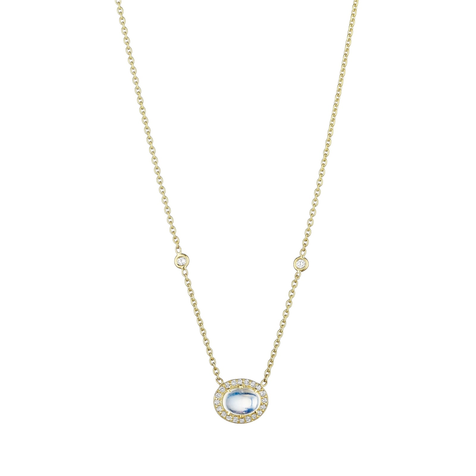 Oval Moonstone Necklace by Penny Preville available at Talisman Collection Fine Jewelers in El Dorado Hills, CA and online. If "quiet luxury" is the look you are coveting, look no further! This demure necklace showcases a luminescent oval moonstone surrounded by a halo of white diamonds. The 18k yellow gold chain is accented with bezel set diamond stations. Understated enough for every day. 