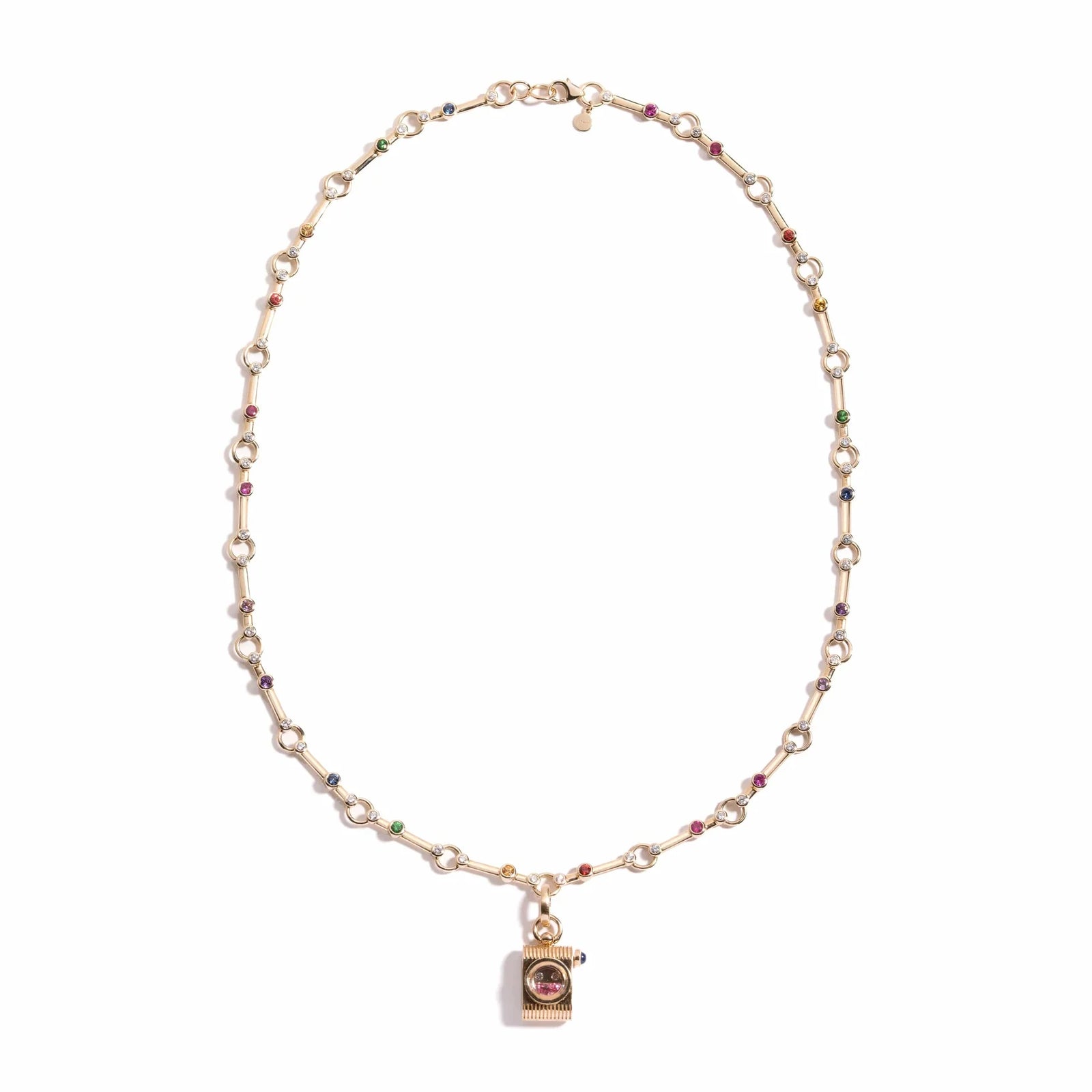 Pathway Necklace by Mined + Found available at Talisman Collection Fine Jewelers in El Dorado Hills, CA and online. The Pathway necklace is a striking piece on its own, while also offering a versatile base to display charms on its circular links. Meticulously crafted in warm 14k yellow gold, each pathway link features a rainbow of bezel-set sapphires and 1.02cts of diamonds set on the end caps, adding brilliance to the design. At 18" long, including a lobster clasp, this necklace beautifully blends bold des