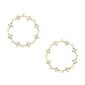 Open Circle Energy Earrings by Meredith Young available at Talisman Collection Fine Jewelers in El Dorado Hills, CA and online. hese post earrings are a modern classic. Eight princess-cut diamonds rhythmically alternate with golden triangles. Set in 18k gold and totaling 1.12 carats, these earrings measure just over 1" in diameter, creating a captivating blend of geometric beauty and effortless simplicity.