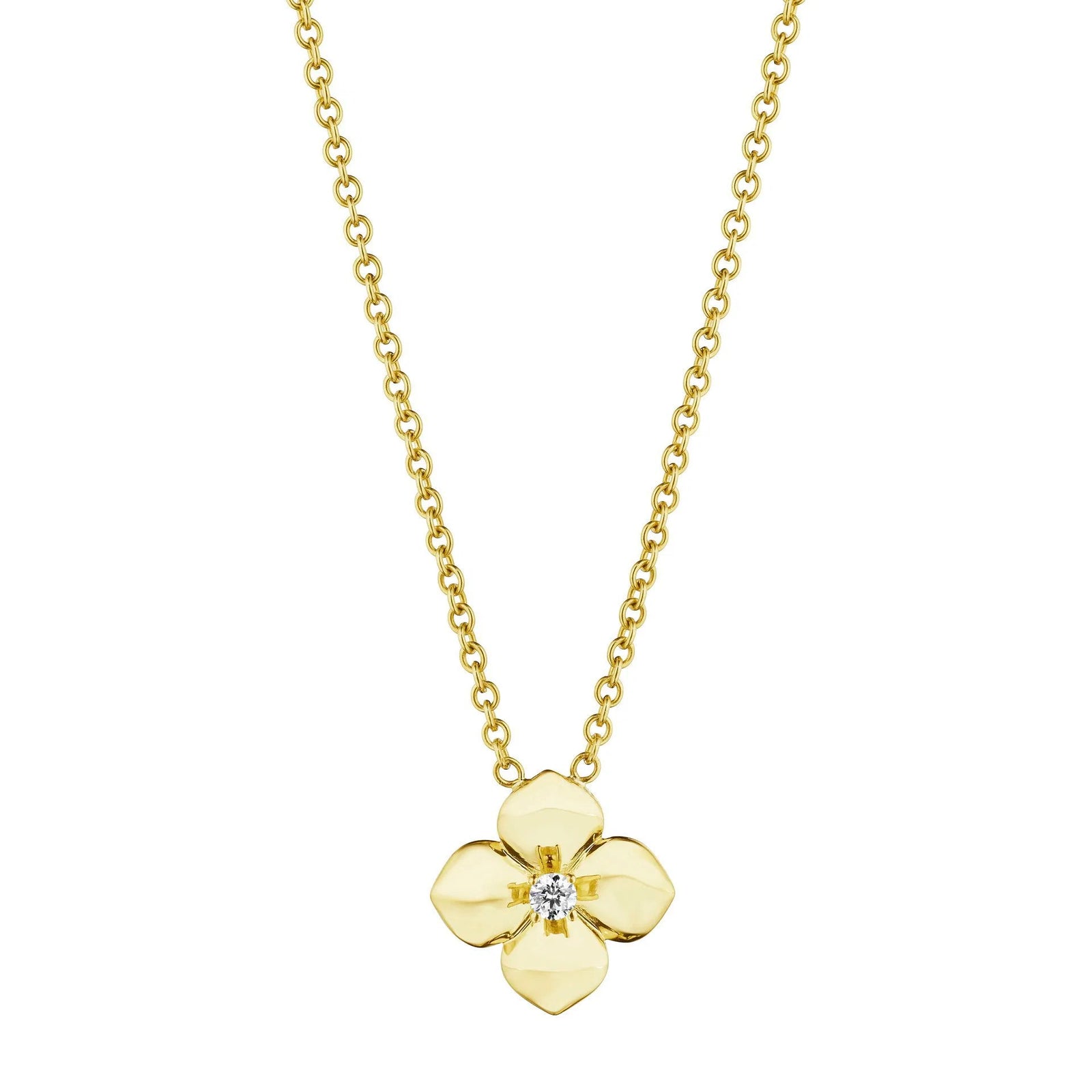 Petite Penny High Polish Flower Necklace by Penny Preville available at Talisman Collection Fine Jewelers in El Dorado Hills, CA and online. A symbol of nature's beauty and a delicate touch of luxury. Petite and polished, this flower necklace is crafted in 18k yellow gold and accented with .03 carats of diamonds. With a 10mm size, it's a piece that will bring a subtle yet stunning sparkle to your look.