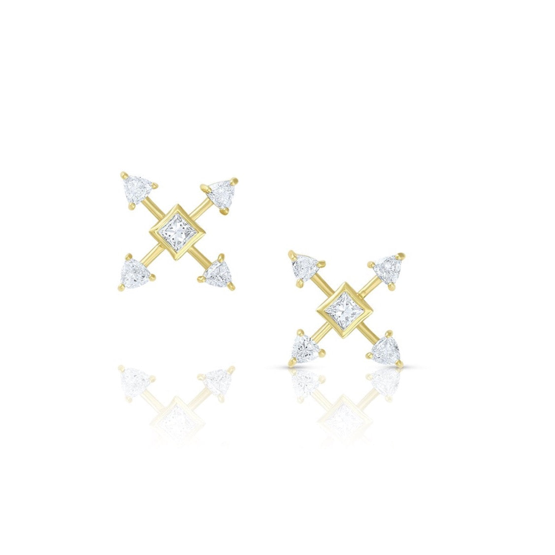 Pure Energy Post Earrings by Meredith Young available at Talisman Collection Fine Jewelers in El Dorado Hills, CA and online. The Pure Energy Post Earrings– a captivating ensemble of four trillion-cut diamonds encircling a central princess diamond, radiating light like a burst of sunshine. Crafted in the warmth of 18k yellow gold, these earrings come alive with a total of .32 carats of white diamonds. Pop them on, you'll see how they light up your look and turn heads!