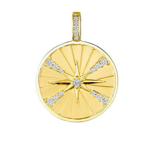 Gold Starburst Medallion Charm by Penny Preville available at Talisman Collection Fine Jewelers in El Dorado Hills, CA and online. Transform your favorite necklace with the addition of this beautiful 18k gold charm that highlights a stunning 0.17 ct diamond-studded starburst. For a fresh look, group this 18.5mm diameter charm with several pendants.