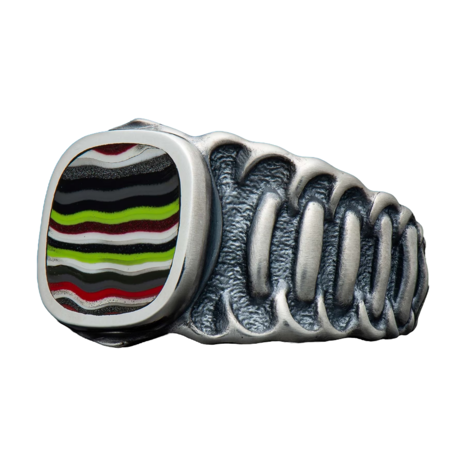 Sterling Silver Oxidized 'Echelon' Fordite Ring Sz 10 by William Henry available at Talisman Collection Fine Jewelers in El Dorado Hills, CA and online