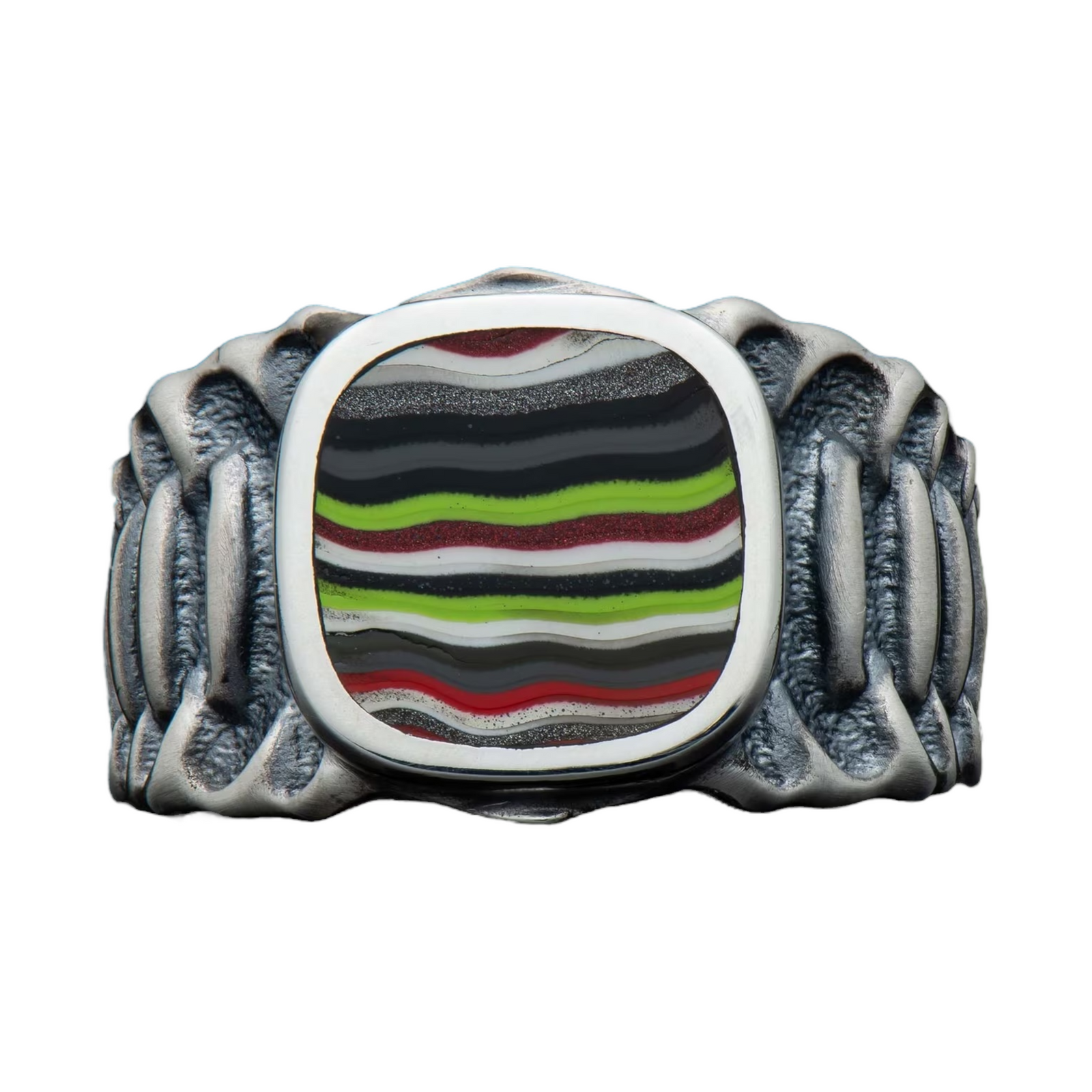 Sterling Silver Oxidized 'Echelon' Fordite Ring Sz 10 by William Henry available at Talisman Collection Fine Jewelers in El Dorado Hills, CA and online