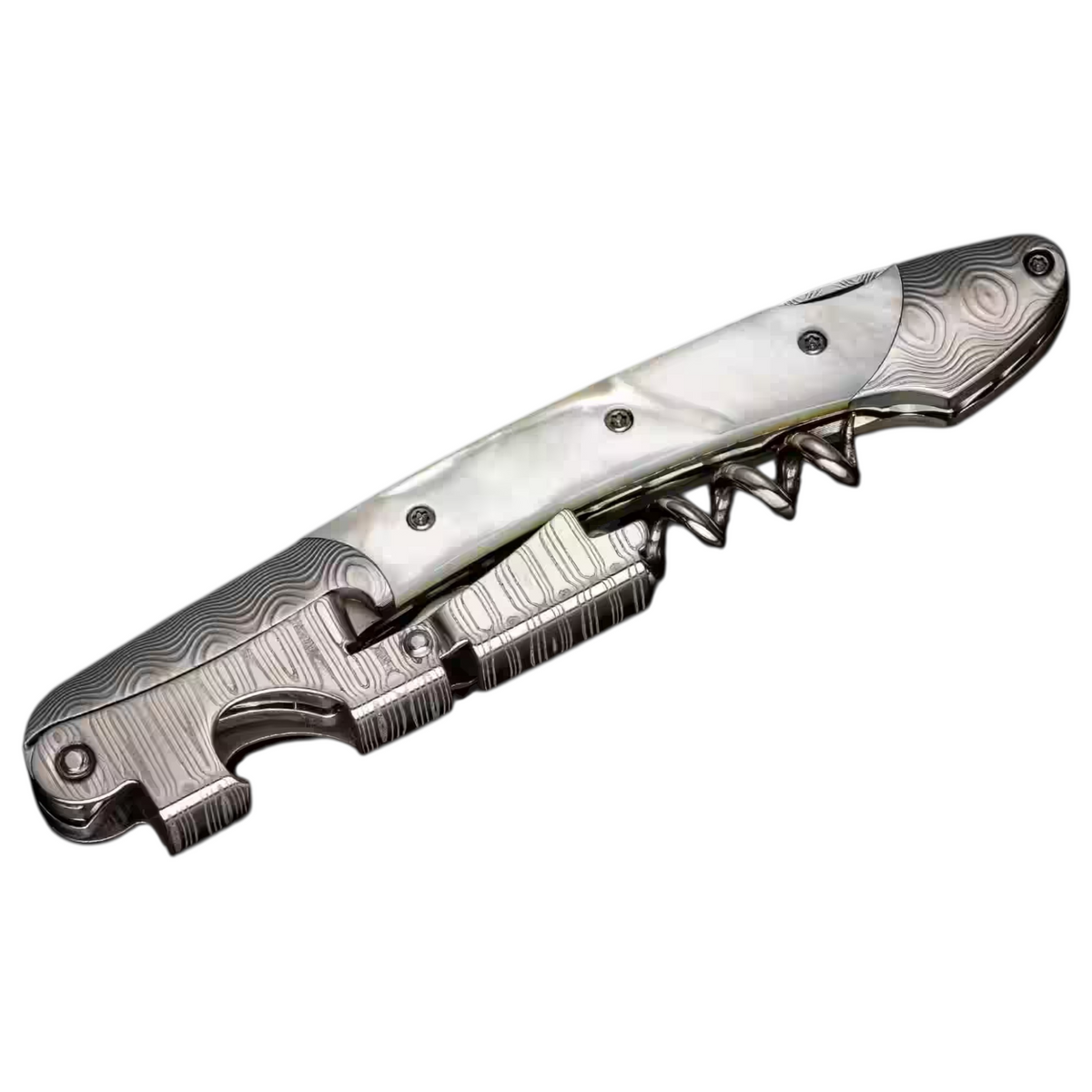 Damascus Steel/Mother Of Pearl 'Gris' Corkscrew by William Henry available at Talisman Collection Fine Jewelers in El Dorado Hills, CA and online