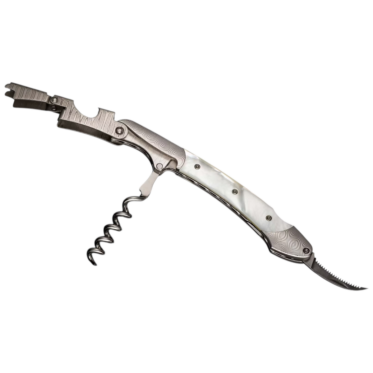Damascus Steel/Mother Of Pearl 'Gris' Corkscrew by William Henry available at Talisman Collection Fine Jewelers in El Dorado Hills, CA and online