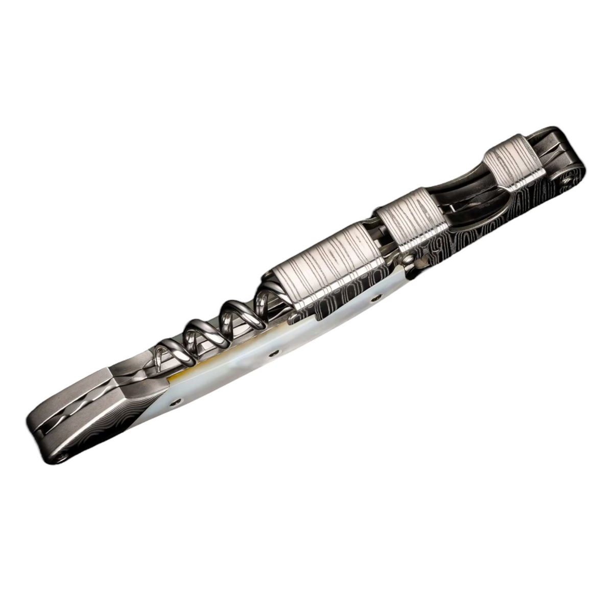 Damascus Steel/Mother Of Pearl 'Gris' Corkscrew by William Henry available at Talisman Collection Fine Jewelers in El Dorado Hills, CA and online