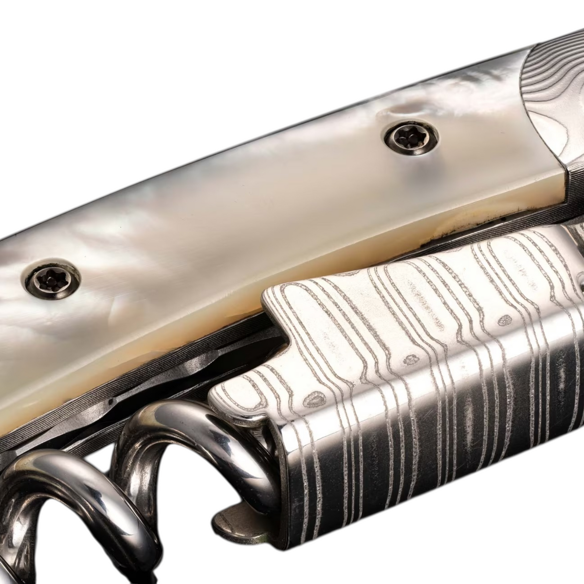 Damascus Steel/Mother Of Pearl 'Gris' Corkscrew by William Henry available at Talisman Collection Fine Jewelers in El Dorado Hills, CA and online