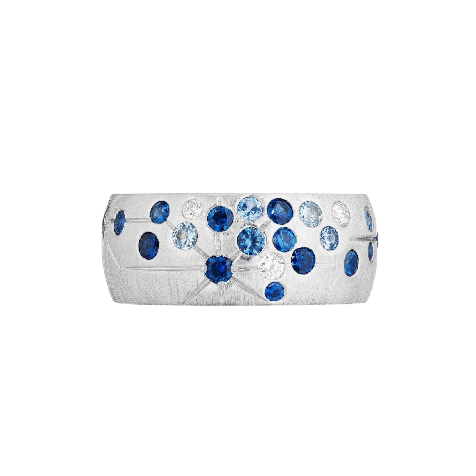 Sapphire Wide Galaxy Band by Penny Preville available at Talisman Collection Fine Jewelers in El Dorado Hills, CA and online. Sparkle like the night sky with this stunning 18k white gold ring adorned with .18 cts of shimmering diamonds and 1.15 cts of rich blue sapphires. 