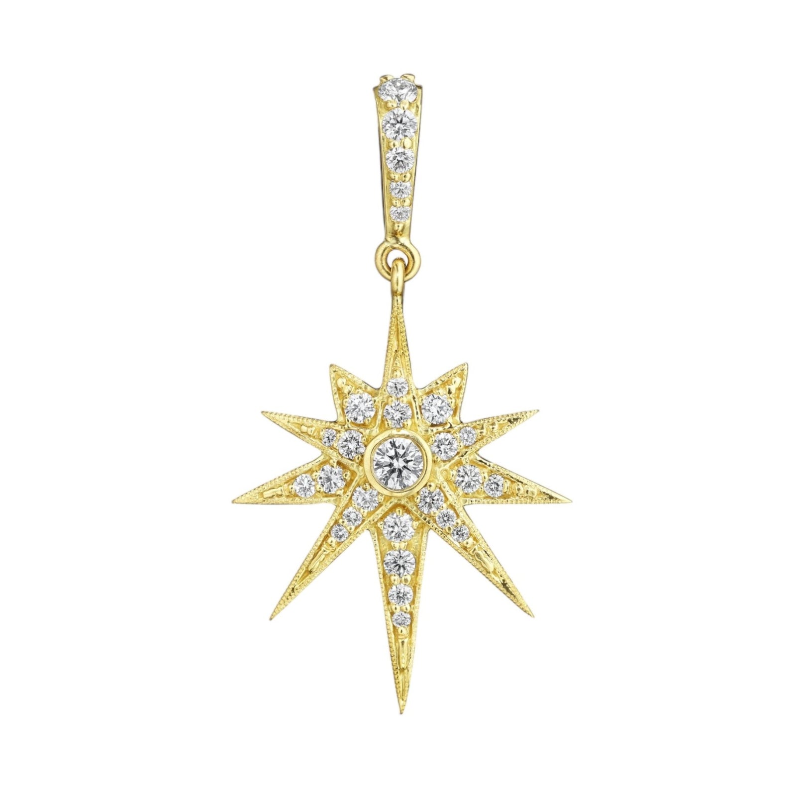 Starburst Enhancer by Penny Preville available at Talisman Collection Fine Jewelers in El Dorado Hills, CA and online. Bring your love for the night sky alive in this beautiful Starburst Enhancer. This 18k yellow gold charm features a center round brilliant diamond surrounded by even more diamonds! Add the charm to your favorite necklace for a glittering statement. 