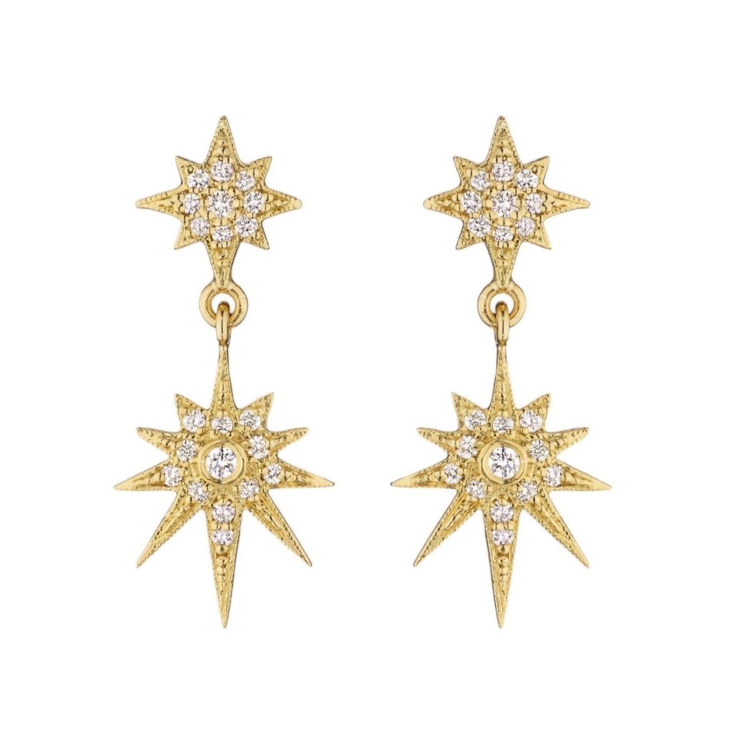 Petite Double Starburst Earrings by Penny Preville available at Talisman Collection Fine Jewelers in El Dorado Hills, CA and online.  Be a star with these Petite Double Starburst Drop Earrings, featuring 0.28 cts of brilliant white diamonds set in luxurious 18k yellow gold they are simultaneously classic and modern. With easy-to-wear post backs, you don't need an occasion to wear these lovely earrings.