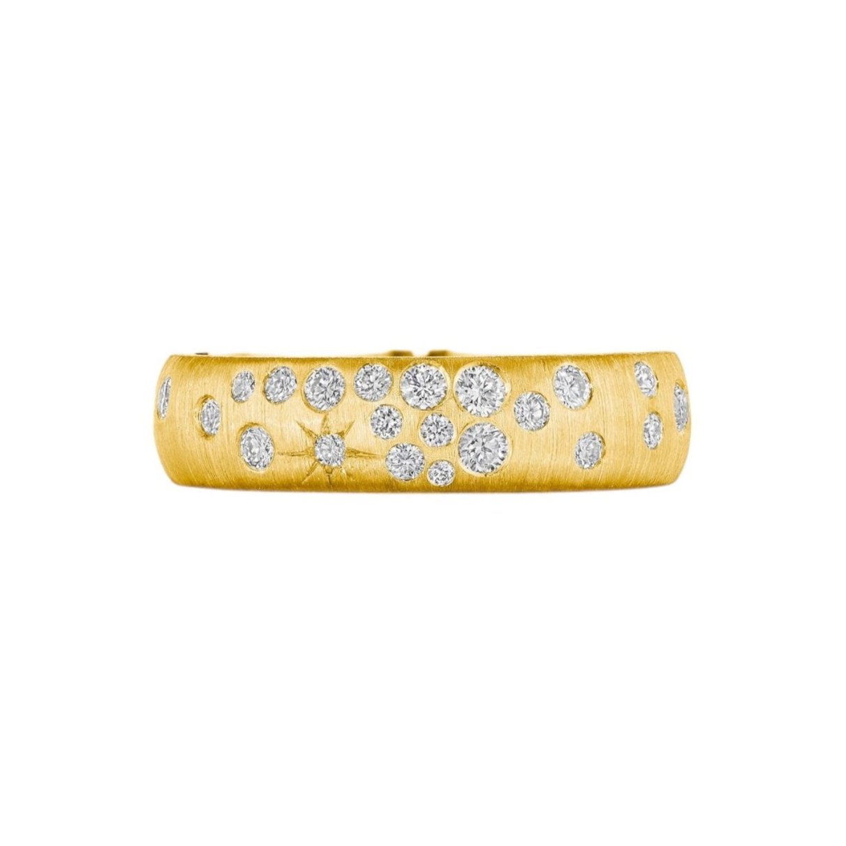 Thin Diamond Galaxy Band by Penny Preville available at Talisman Collection Fine Jewelers in El Dorado Hills, CA and online. This sophisticated band showcases a stunning .70 cts of sparkling diamonds, set in 18k yellow gold for a touch of elegance. Its slim 5 mm width makes it perfect for stacking or wearing on its own, adding a subtle yet glamorous touch to any ring party. 