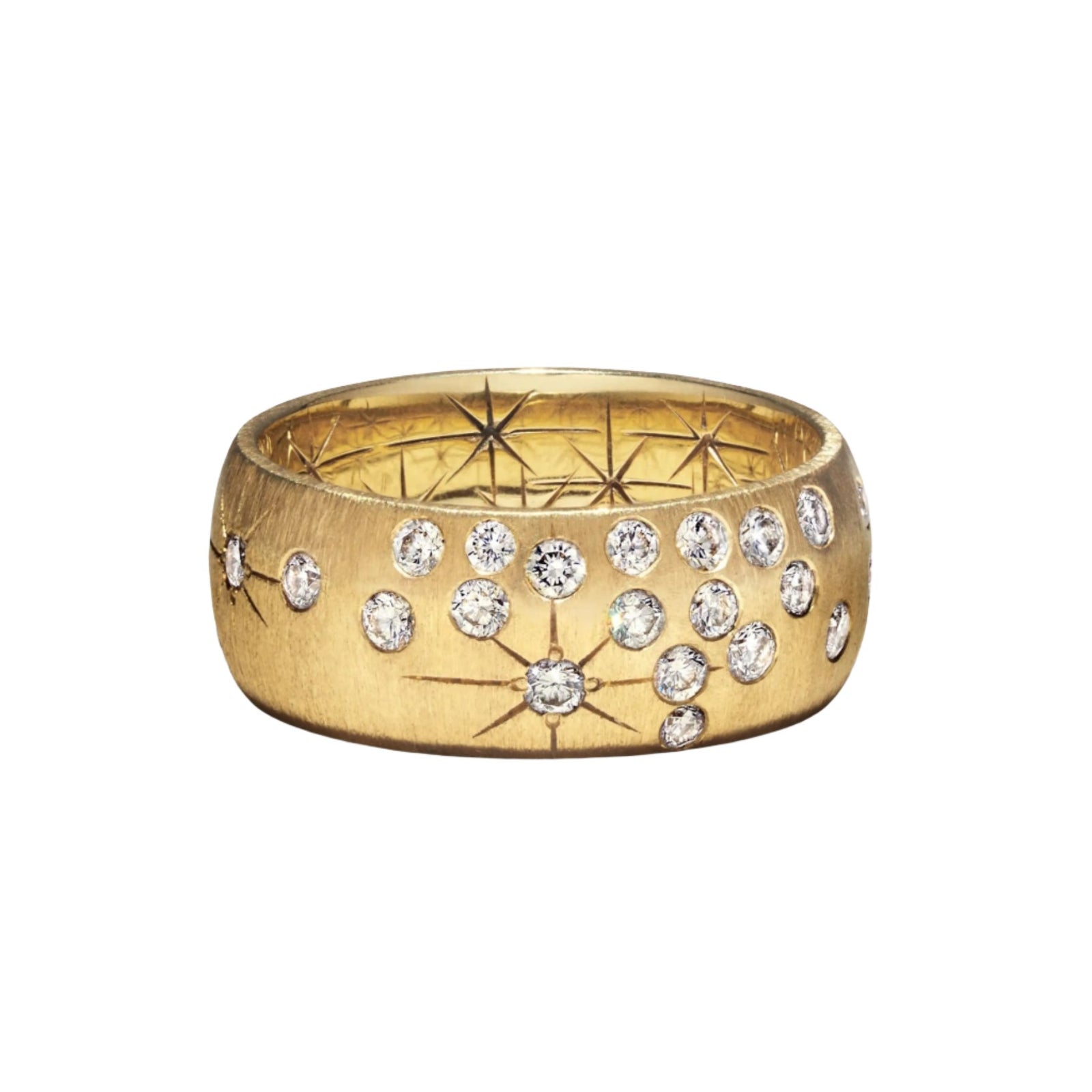Wide Diamond Galaxy Band available at Talisman Collection Fine Jewelers in El Dorado Hills, CA and online. The Wide Galaxy Band evokes the beauty of the night sky in a stunning gold ring. It's crafted with 18k yellow gold and encrusted with a total 1.09 cts of round brilliant diamonds to resemble a scatter of stars. This ring set strikes the perfect balance of minimalism and opulence. 