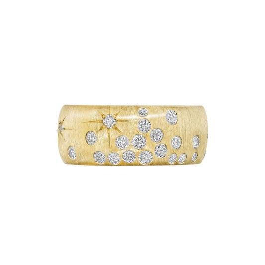 Wide Diamond Galaxy Band available at Talisman Collection Fine Jewelers in El Dorado Hills, CA and online. The Wide Galaxy Band evokes the beauty of the night sky in a stunning gold ring. It's crafted with 18k yellow gold and encrusted with a total 1.09 cts of round brilliant diamonds to resemble a scatter of stars. This ring set strikes the perfect balance of minimalism and opulence. 