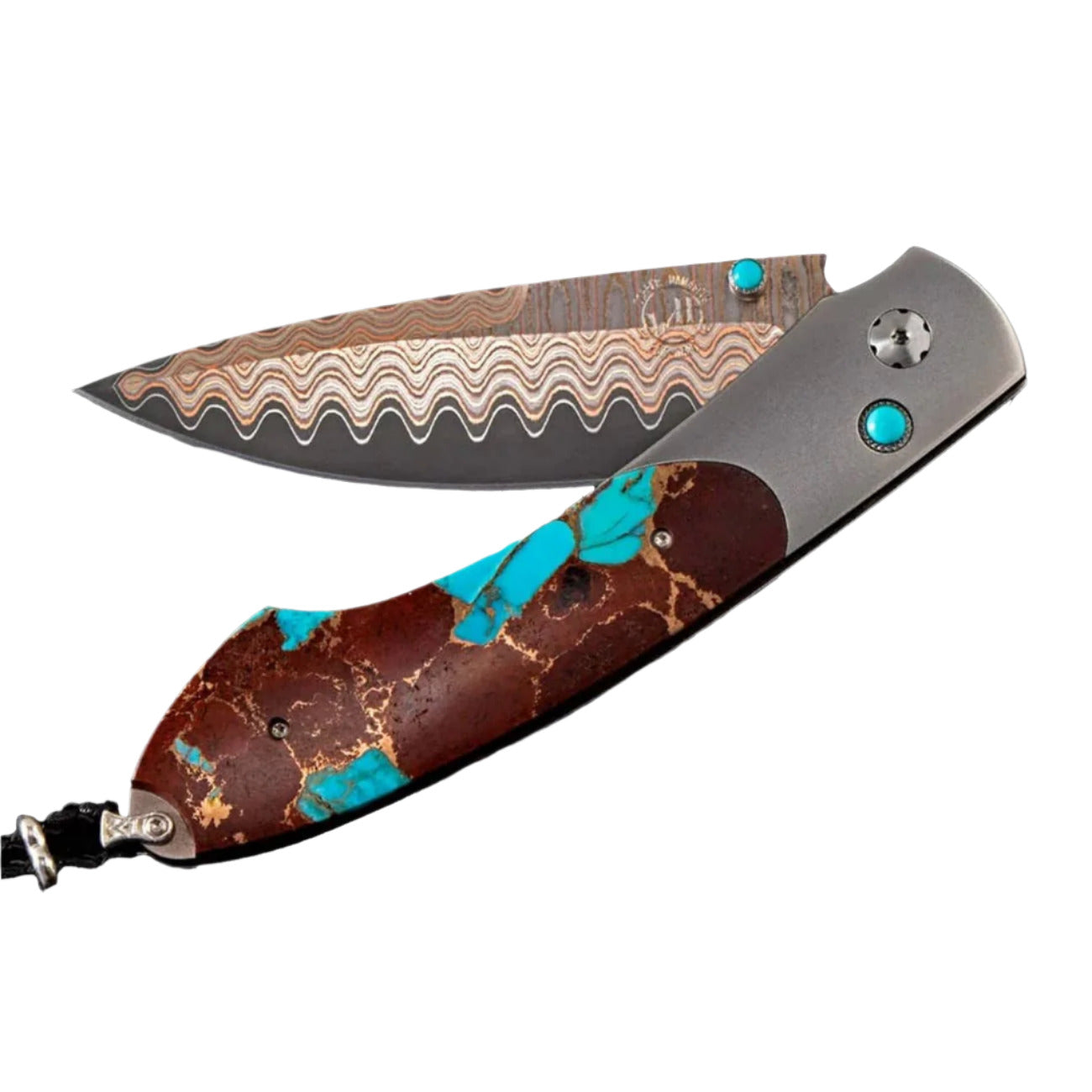 Titanium/Steel 'Hot Lava' Copper/Turquoise Damascus 3.06" pocket knife by William Henry available at Talisman Collection Fine Jewelers in El Dorado Hills, CA and online