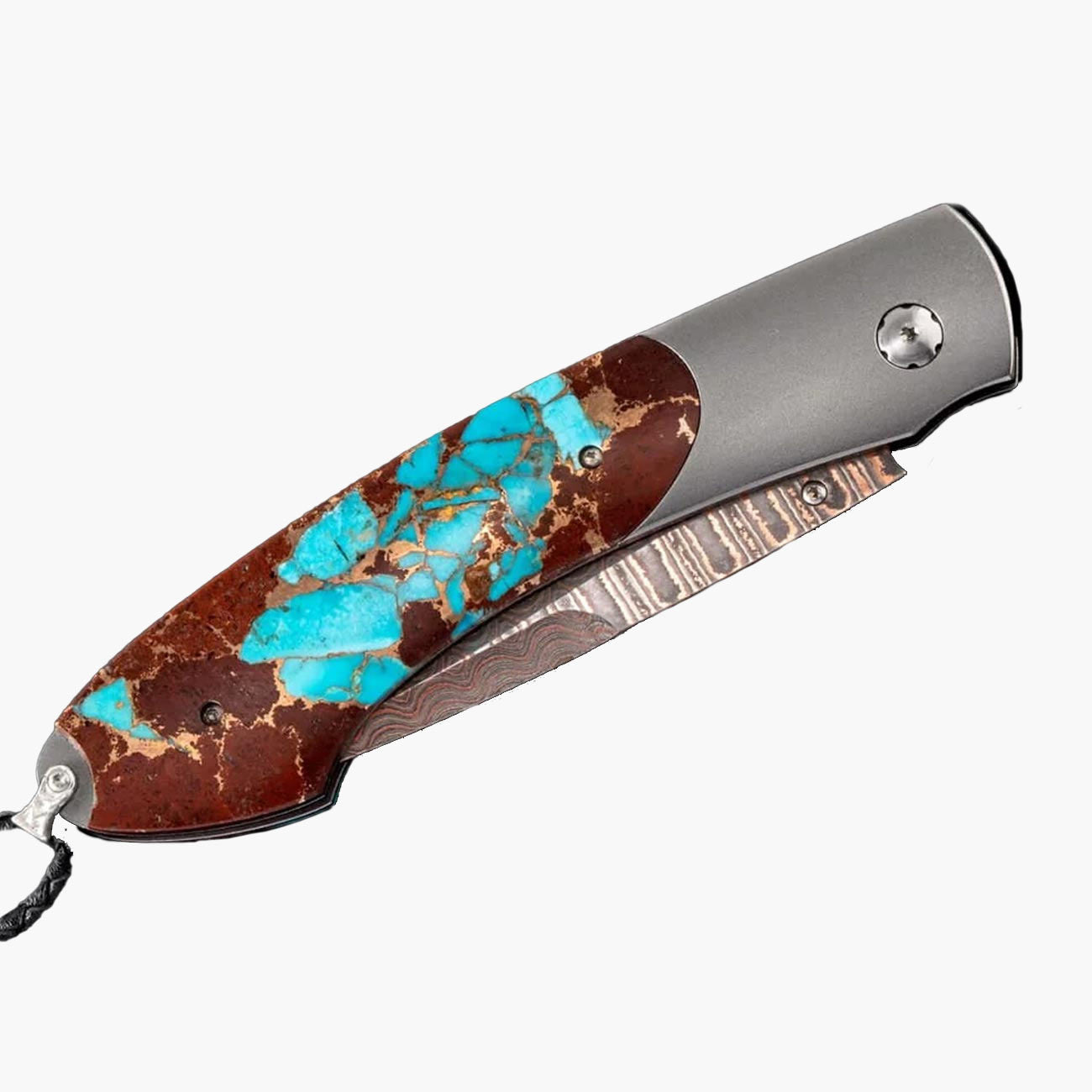 Titanium/Steel 'Hot Lava' Copper/Turquoise Damascus 3.06" pocket knife by William Henry available at Talisman Collection Fine Jewelers in El Dorado Hills, CA and online