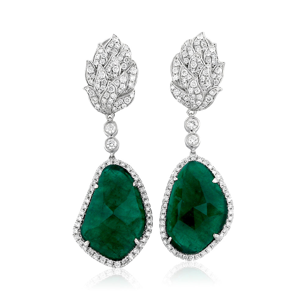 Emerald and Diamond Leaf Motif Earrings by Yael